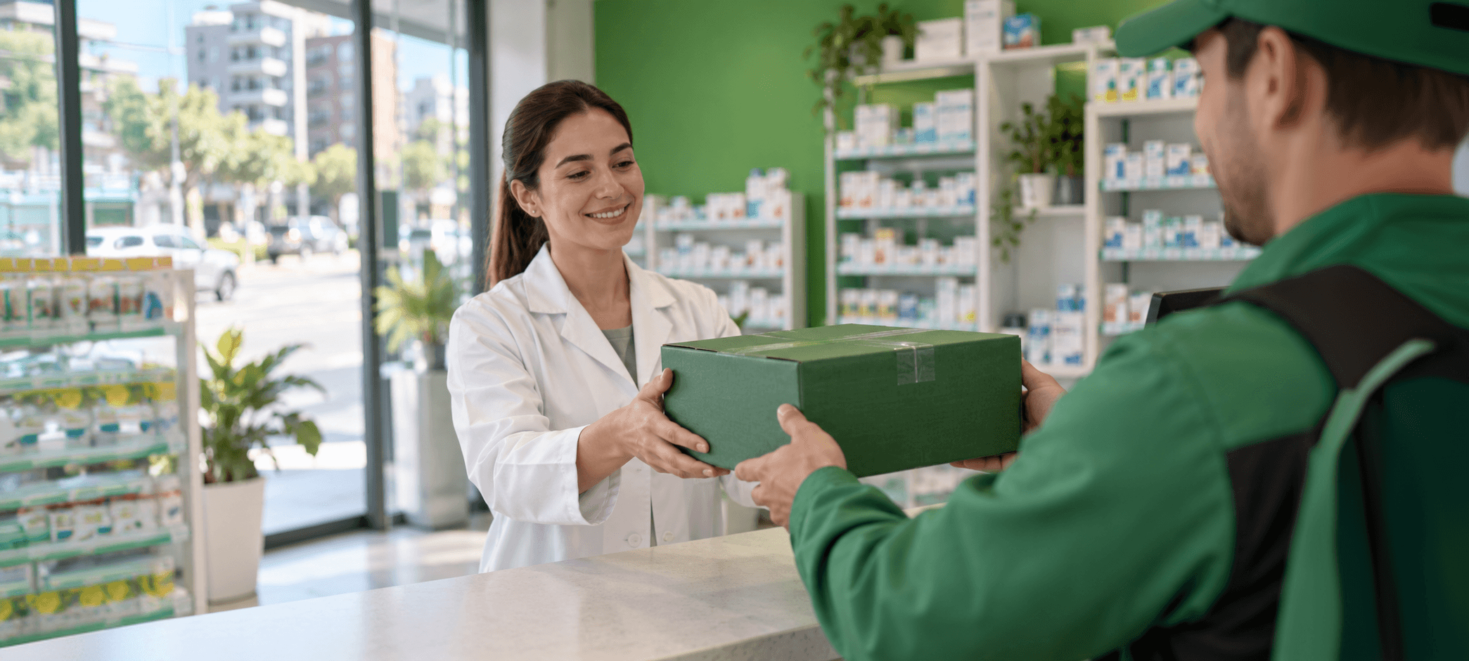 Farmacéutica entregando un pedido en el mostrador