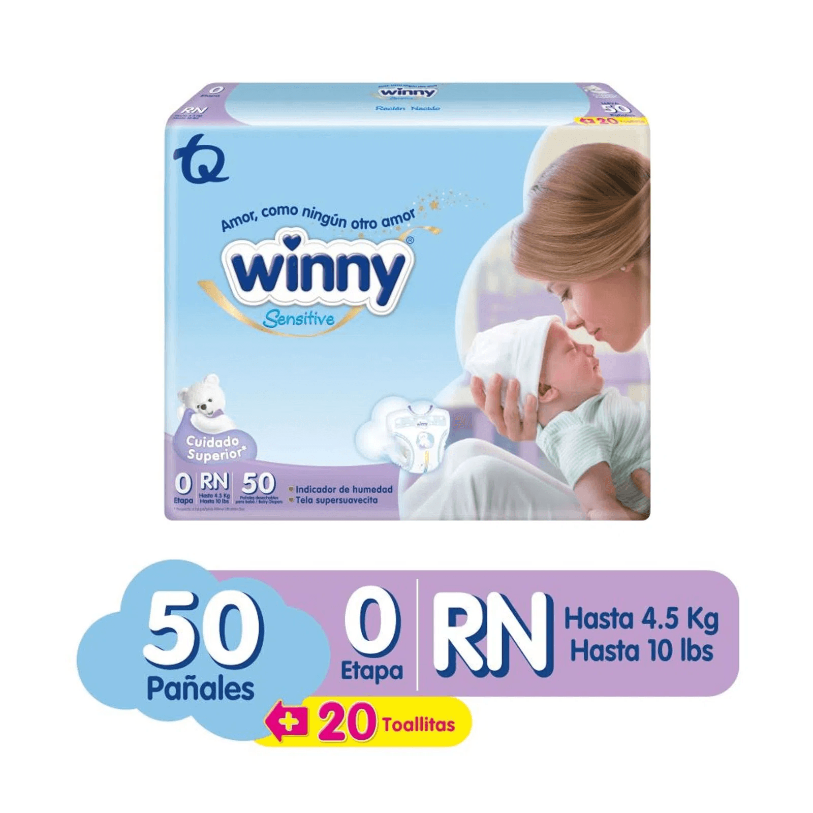 Pañal Winny Sensitive Gold Etapa 0 Paquete X 50 Lleva 20 Toallitas Húmedas