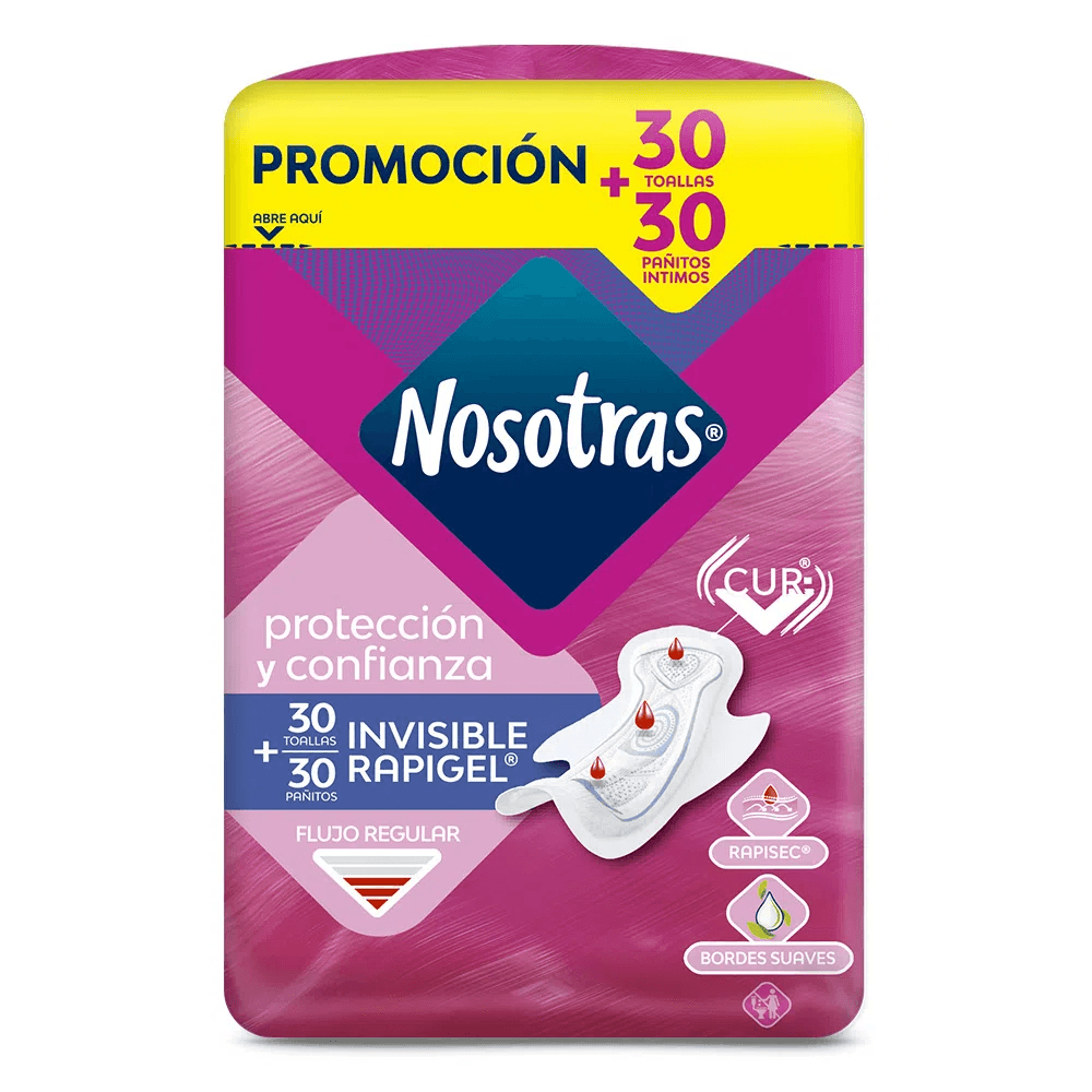 Promo Toallas + Pañitos Intimos Nosotras Invisible Rapigel Paquete X 30 Toallas + 30 Pañitos