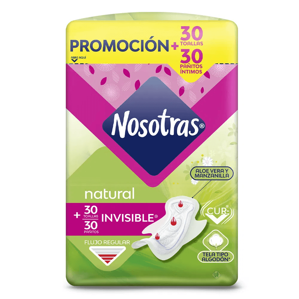 Promo Toallas + Panitos Intimos Nosotras Natural Invisible Paquete X 30 Toallas + 30 Panitos