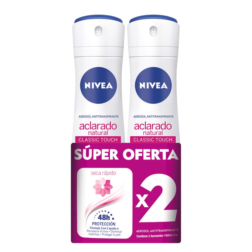 Desodorante Aclarado Natural Nivea Classic Touch 48H Paquete X 2 Frasco X 150Ml