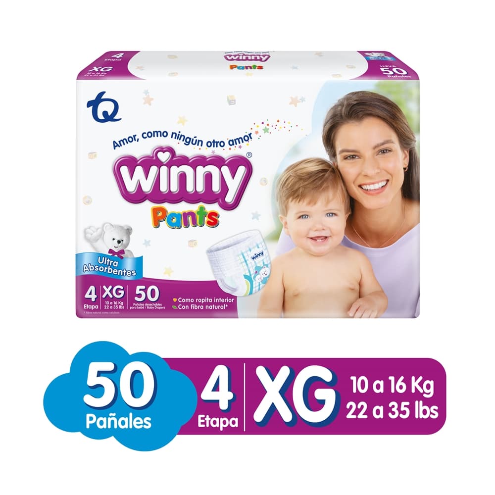 Pañales Desechables Winny Pants Con Fibra Natural Paquete X 50Und Etapa 4 Xg