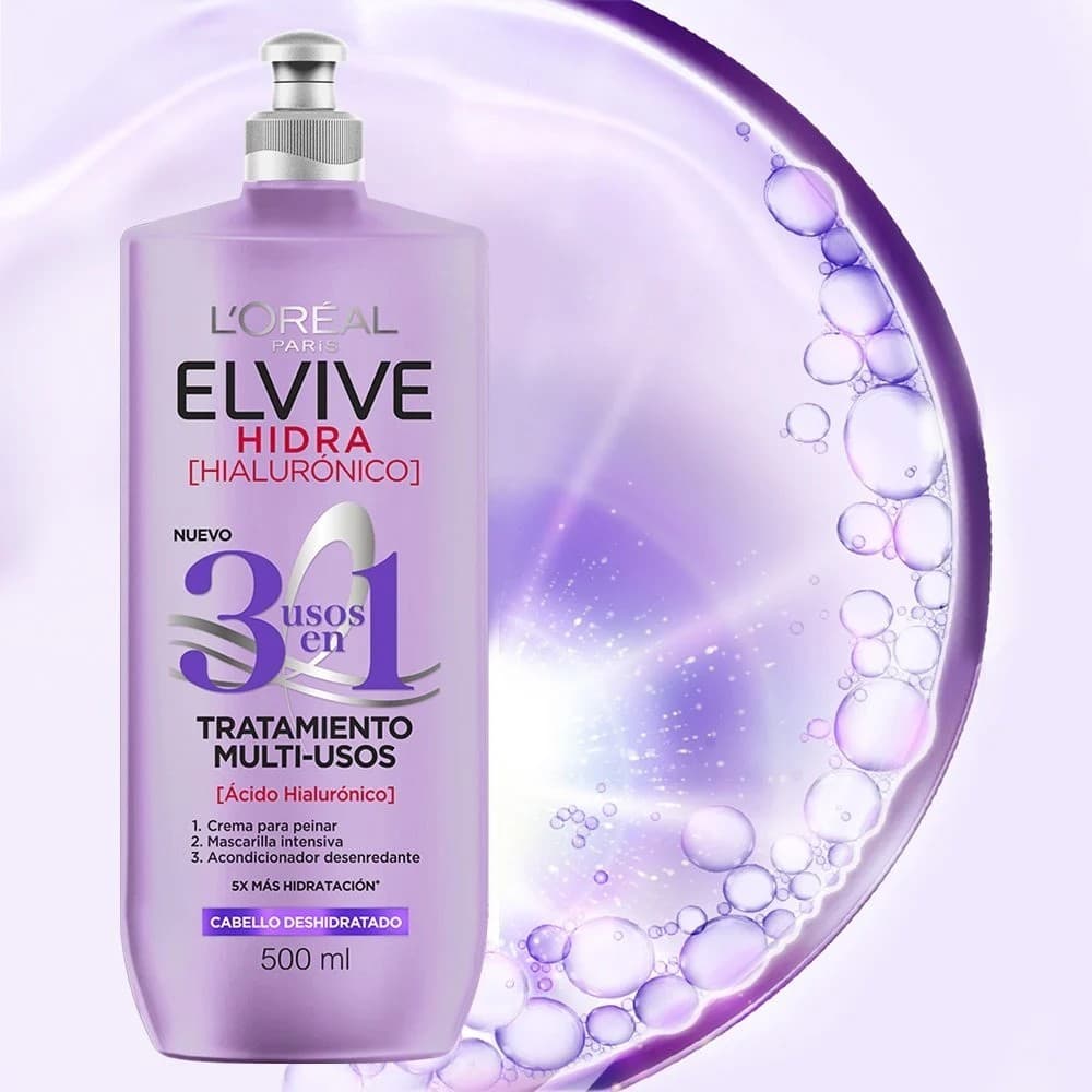 Crema Para Peinar 3 En 1 L'Oréal Paris Hydra Hialuronic 500Ml, Tratamiento Multi-Usos 3 Usos En 1 Hidra [Hialurónico] Es Tu Aliado Para 5X Más Hidratación Sin Dejar El Cabello Pesado