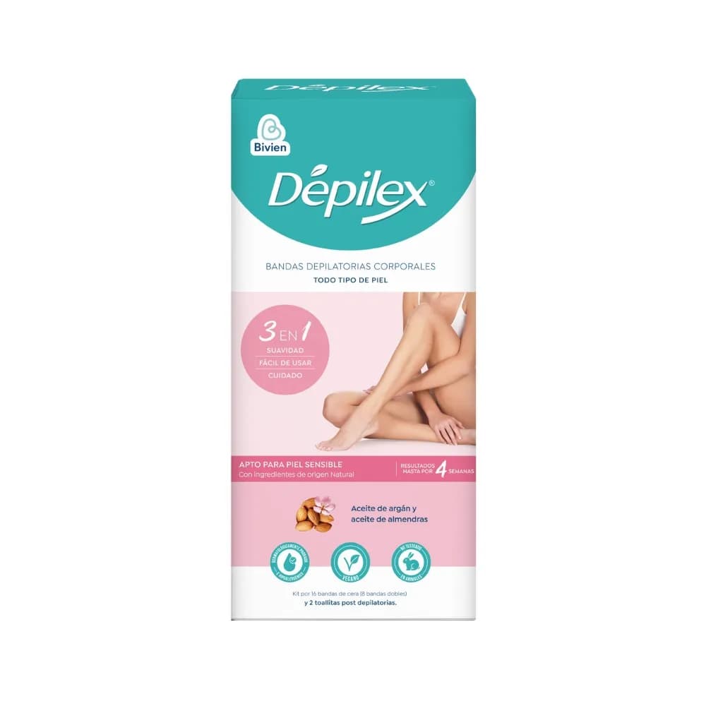 Kit Bandas Depilatorias Depilex Corporales Todo Tipo De Piel Paquete 16 Bandas + 2 Toallas