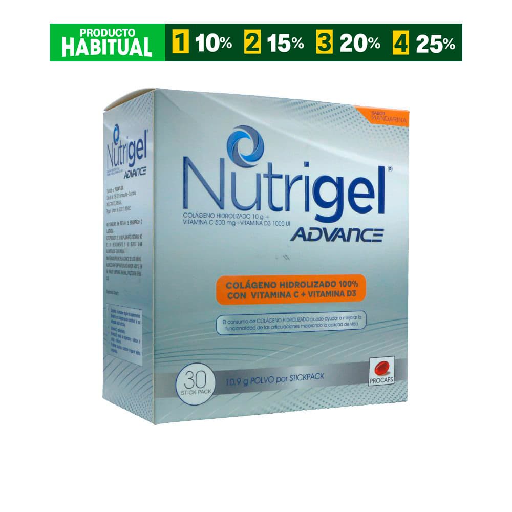 Nutrigel Advance Sobres A Sabor Mandarina 10Gr+500Mg+1000Ui Polvo Caja X 30