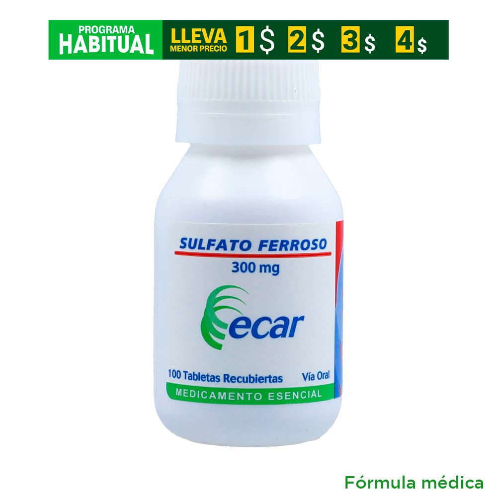 Sulfato Ferroso 300Mg Tabletas Recubiertas Frasco X 100 Tabletas Ecar