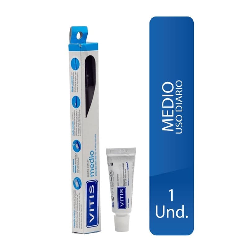 Cepillo Dental + Pasta Dentrifica Vitis Blanqueadora Normal De Dureza Media Kit 1 Cepillo + Tubo 15Ml
