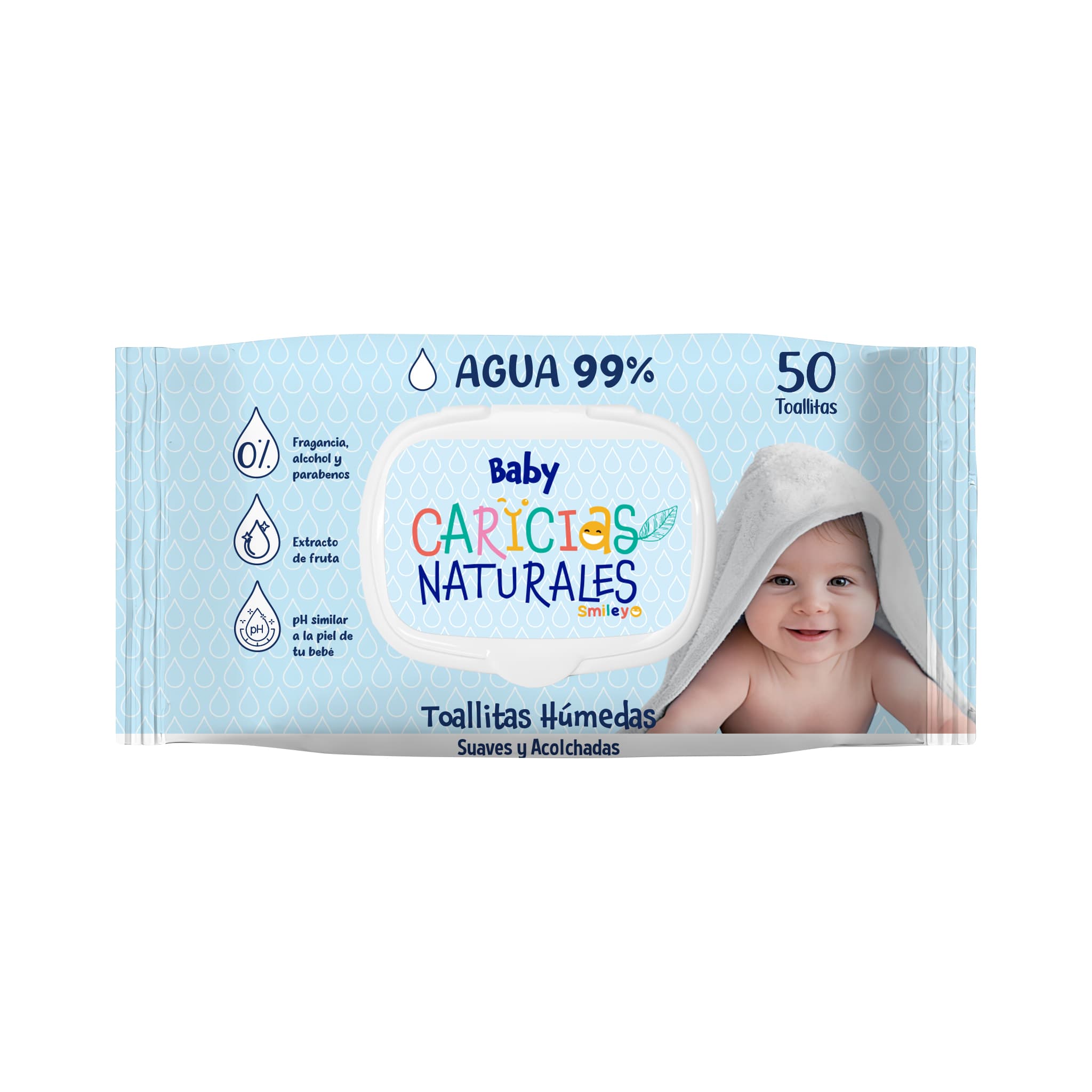 Toallitas Humedas Baby Caricias Naturales Smiley Agua 99% Paq X 50