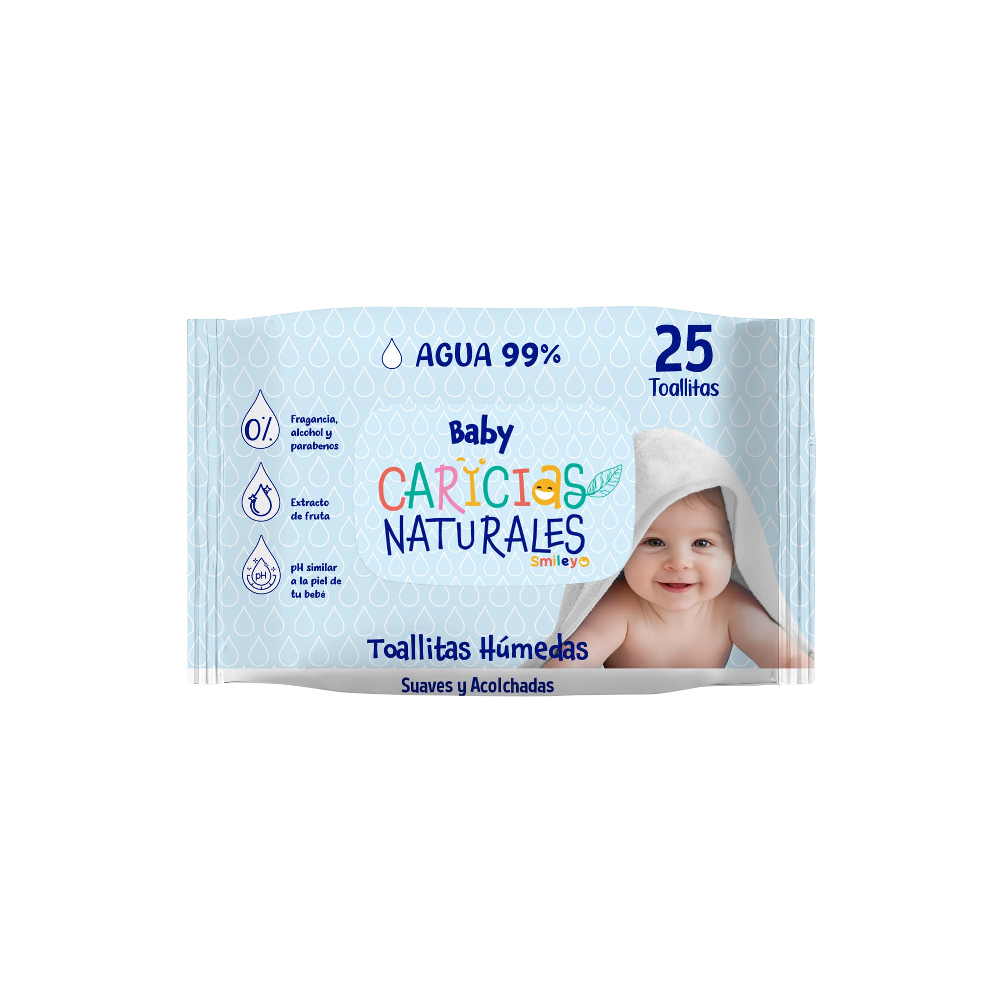 Toallitas Humedas Baby Caricias Naturales Smiley Agua 99% Paq X 25