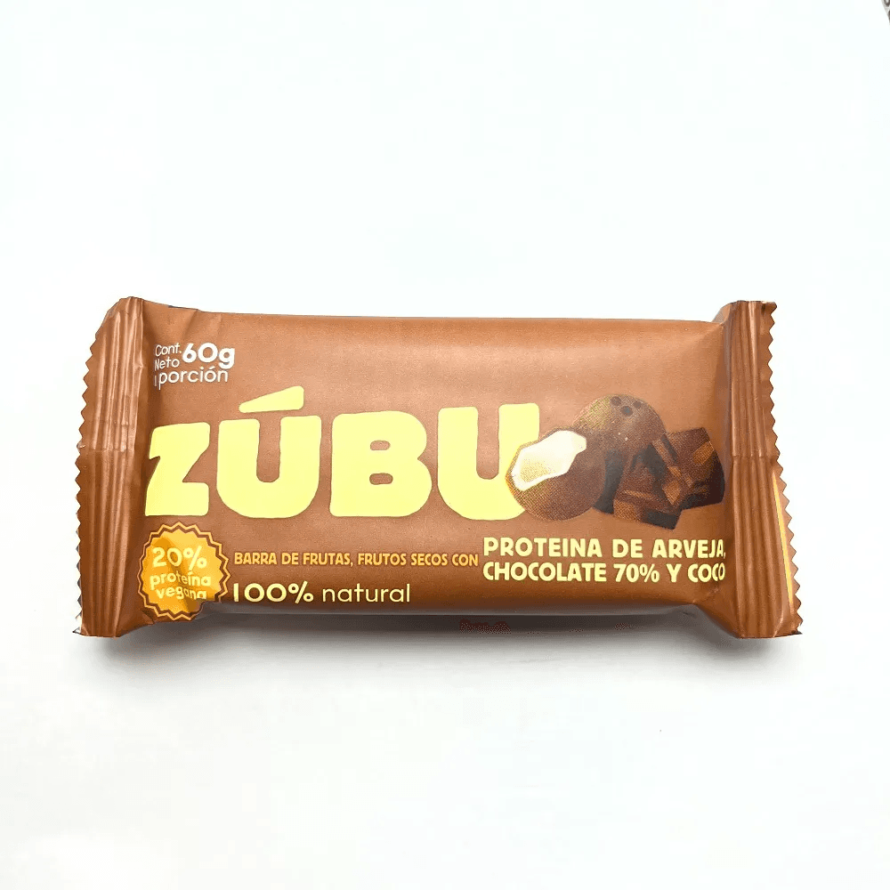 Barra De Frutas Zubu Proteina De Arveja Chocolate 70% Y Coco Barra X 60Gr