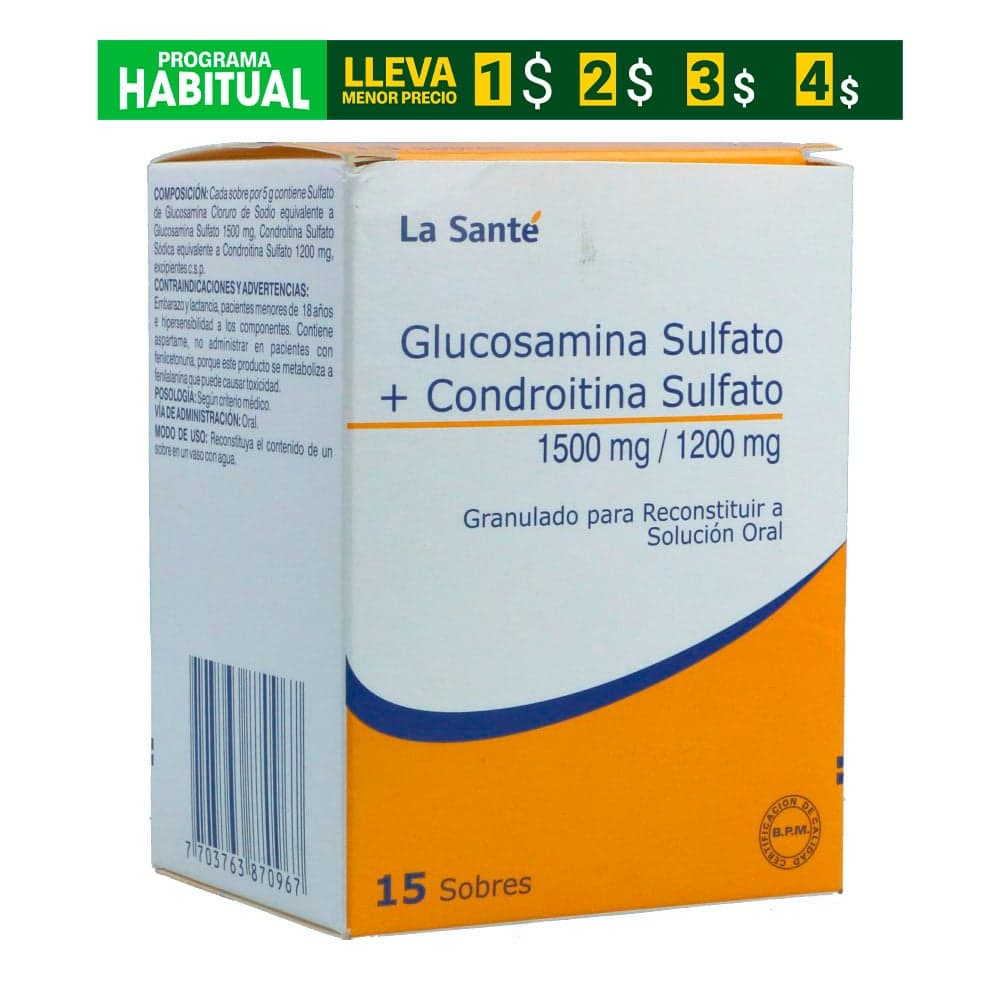 Glucosamina Sulfato 1500Mg + Condroitina Sulfato 1200Mg Caja X 15 Sobres X 5Gr