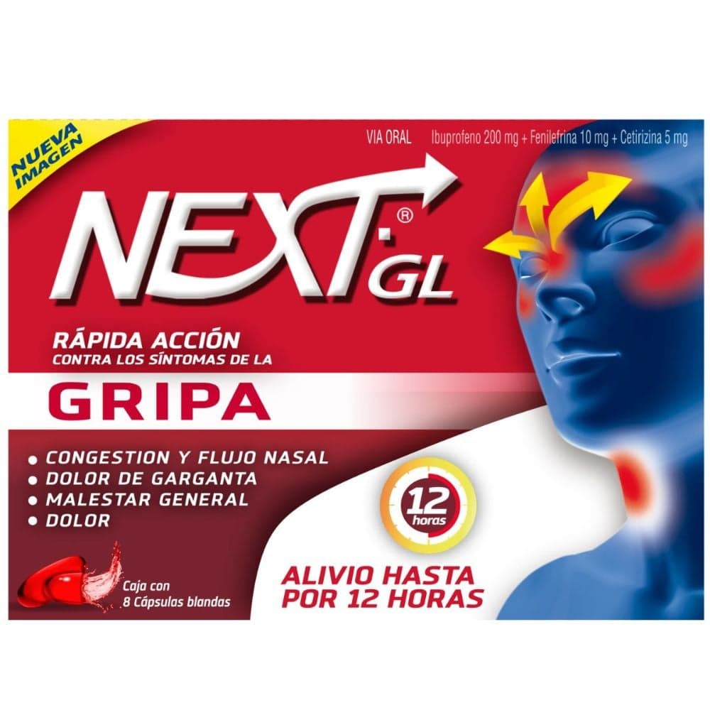 Next Gripa con Ibuprofeno, Fenilefrina y Cetirizina 8 Cápsulas