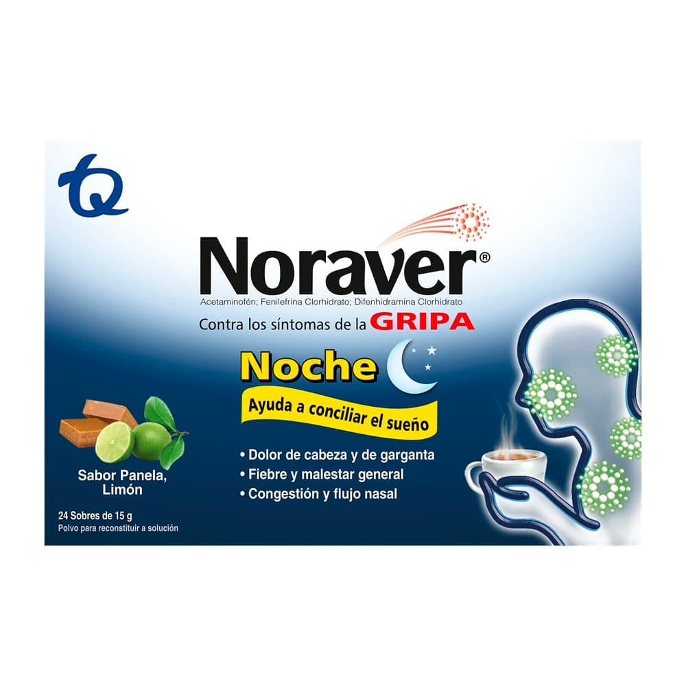 Noraver Gripa Noche Sabor Panela- Limón Sobre Polvo Solución Oral (500+25+10)Mg 1 Sobre X 15Gr
