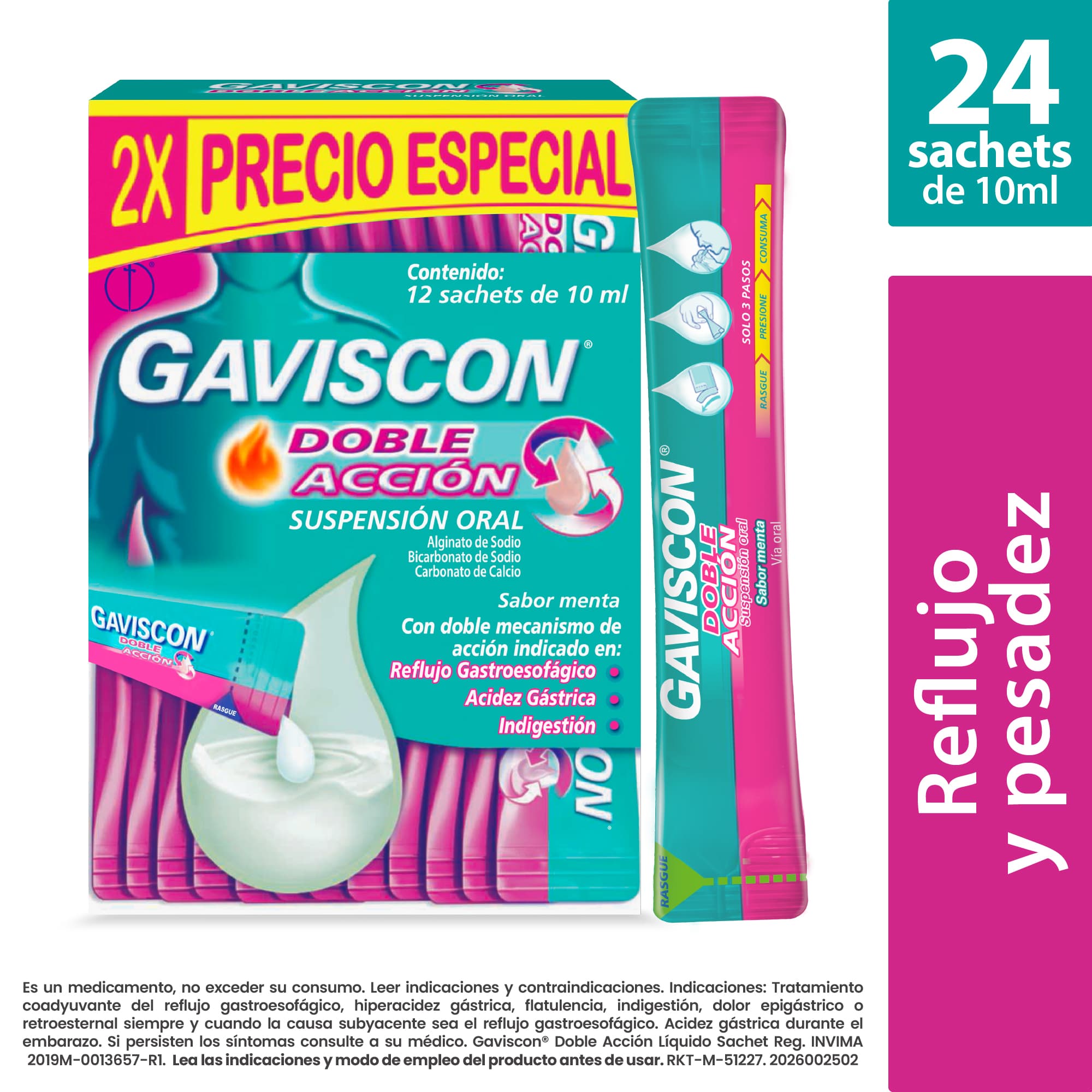Gaviscon Doble Acción Menta Suspención Oral | Paquete x 2 Cajas (24 Sobres de 10 ml)